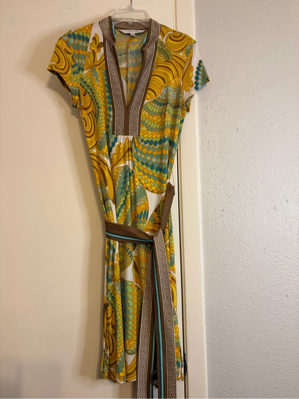 Trina Turk Yellow & Teal Printed Midi Dress with Contrast Trim
